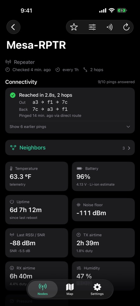 Node detail with a trace ping route and live status