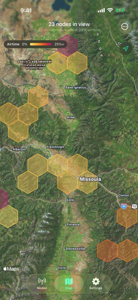 Map of a mesh with hexagons coloured by airtime use