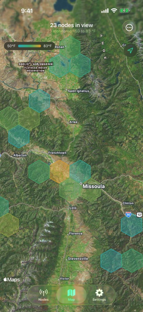 Map with hexagons coloured by temperature